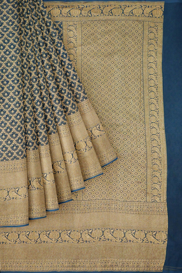 Handwoven Teal Blue Georgette Silk Khadi Saree- Self Antique zari | SILK MARK CERTIFIED