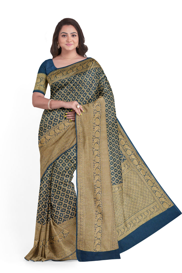 Handwoven Teal Blue Georgette Silk Khadi Saree- Self Antique zari | SILK MARK CERTIFIED