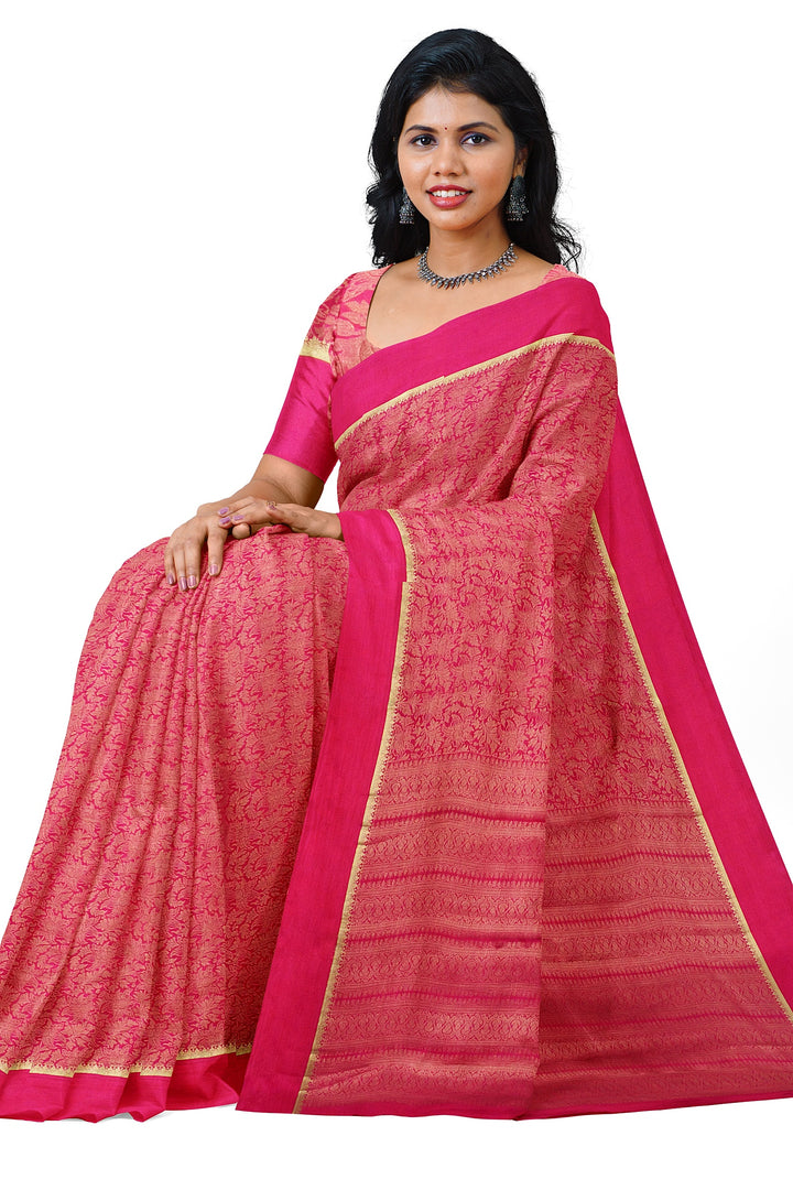 Pink Pure Mysore Silk Crushed Crepe Saree | SILK MARK CERTIFIED
