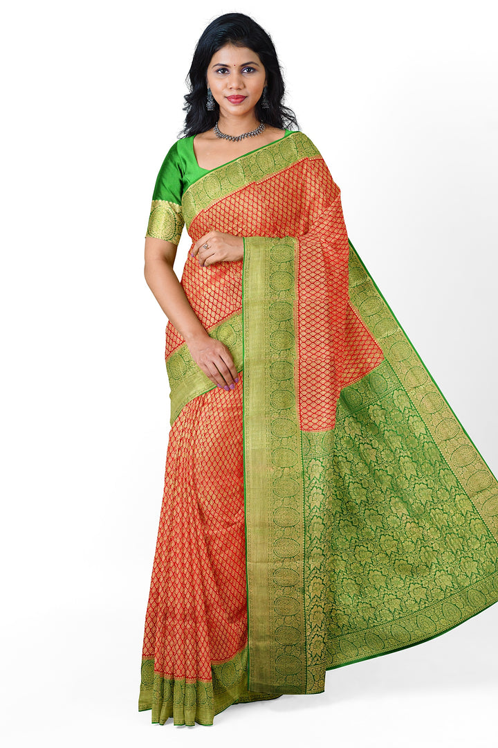 RED PURE CREPE MYSORE SILK SAREE WITH BROCADE DETAILING AND CONTRAST BORDER | SILK MARK CERTIFIED