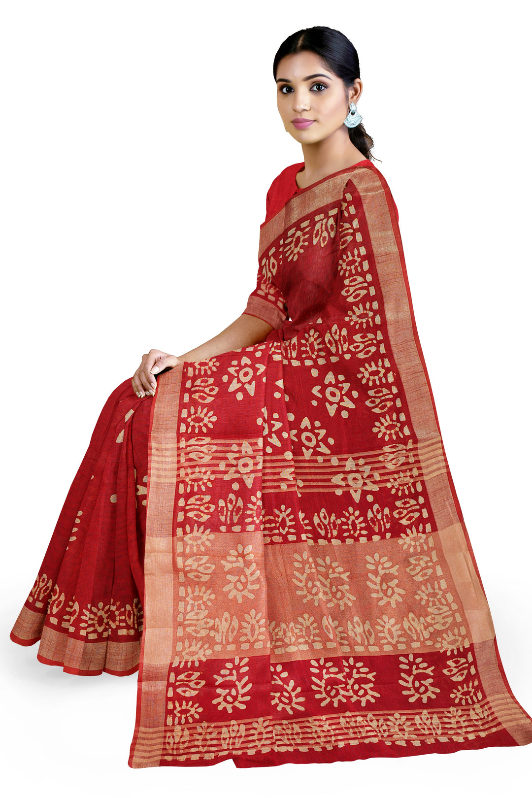 RED COLOUR BLENDED COTTON SADA BANARASI HANDLOOM SAREE - ATHARVA