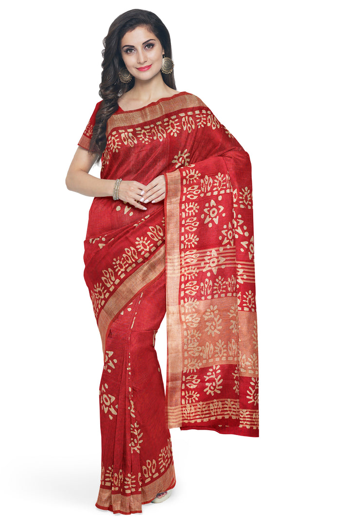 RED COLOUR BLENDED COTTON SADA BANARASI HANDLOOM SAREE - ATHARVA