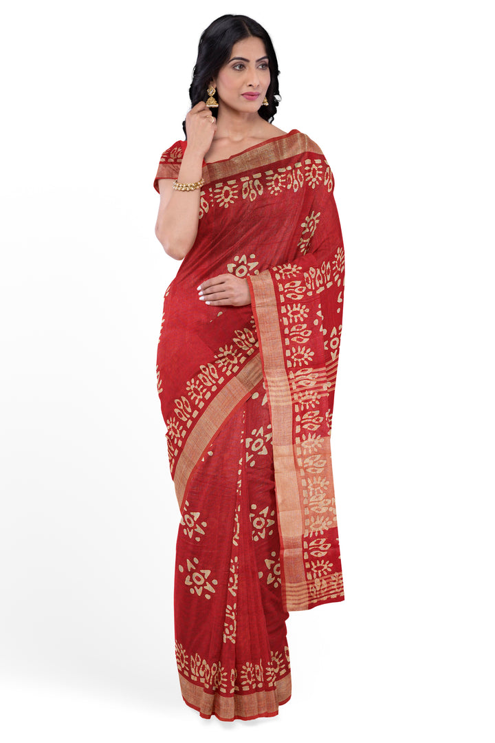 RED COLOUR BLENDED COTTON SADA BANARASI HANDLOOM SAREE - ATHARVA