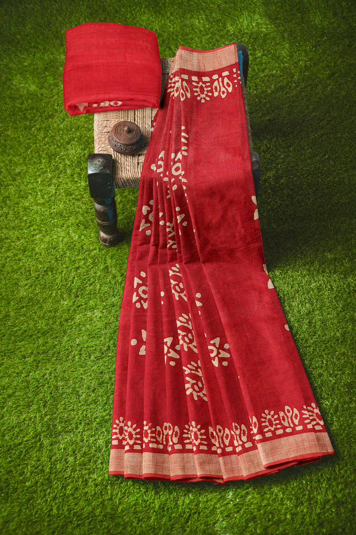 RED COLOUR BLENDED COTTON SADA BANARASI HANDLOOM SAREE - ATHARVA