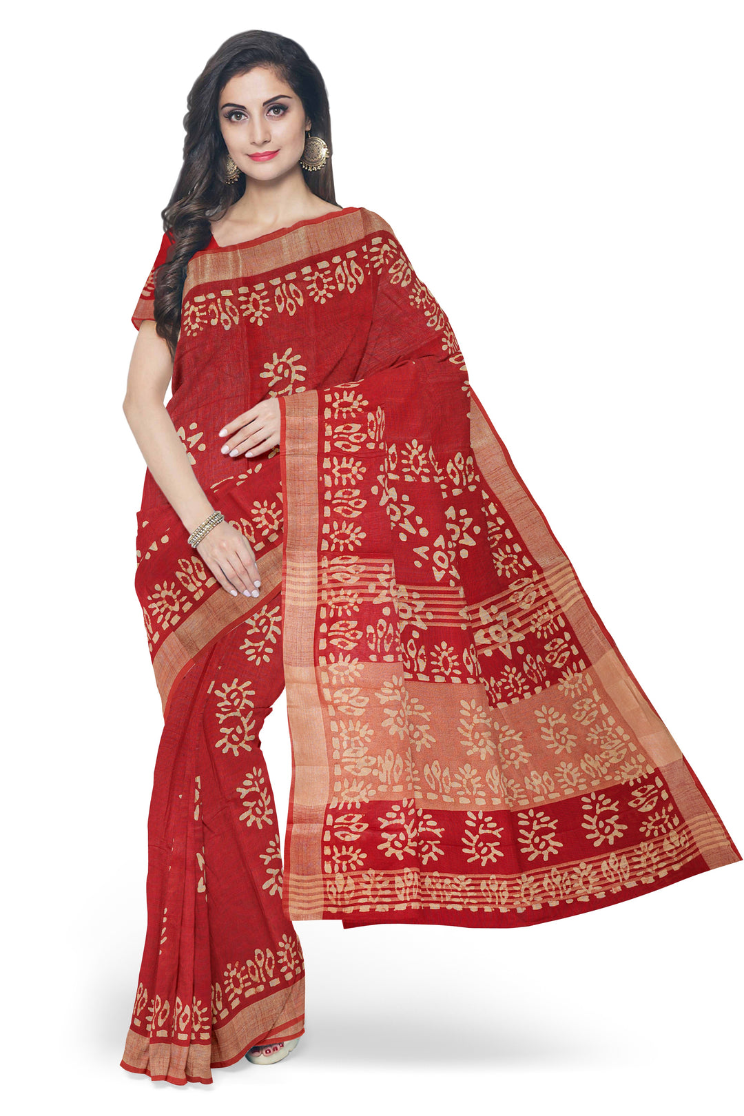 RED COLOUR BLENDED COTTON SADA BANARASI HANDLOOM SAREE - ATHARVA