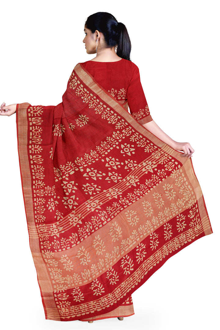 RED COLOUR BLENDED COTTON SADA BANARASI HANDLOOM SAREE - ATHARVA