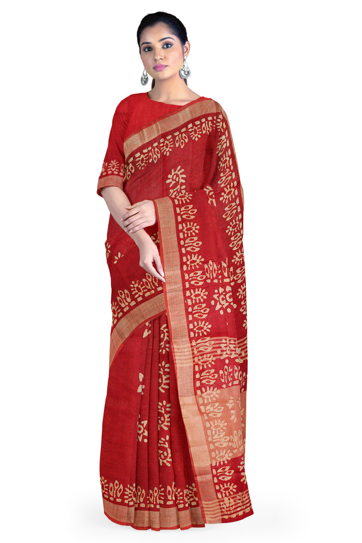 RED COLOUR BLENDED COTTON SADA BANARASI HANDLOOM SAREE - ATHARVA