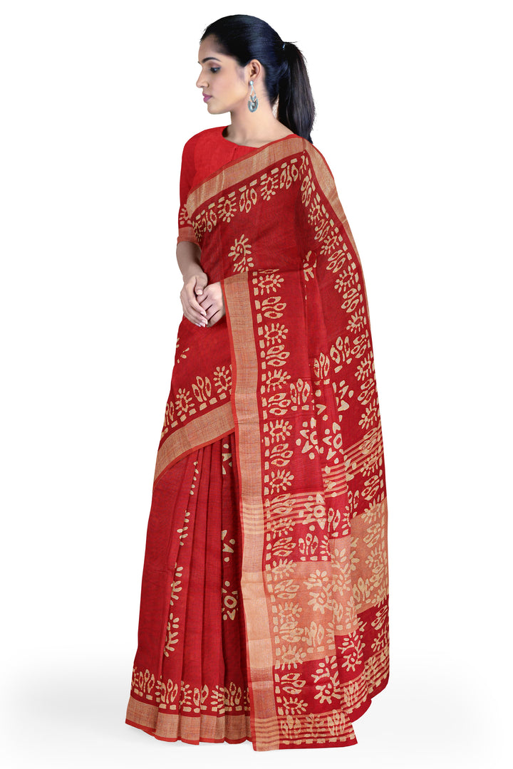 RED COLOUR BLENDED COTTON SADA BANARASI HANDLOOM SAREE - ATHARVA