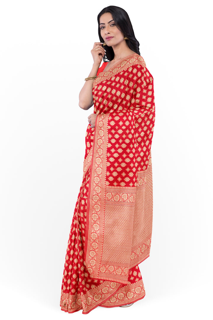 RED COLOUR BLENDED COTTON SADA BANARASI HANDLOOM SAREE - ATHARVA