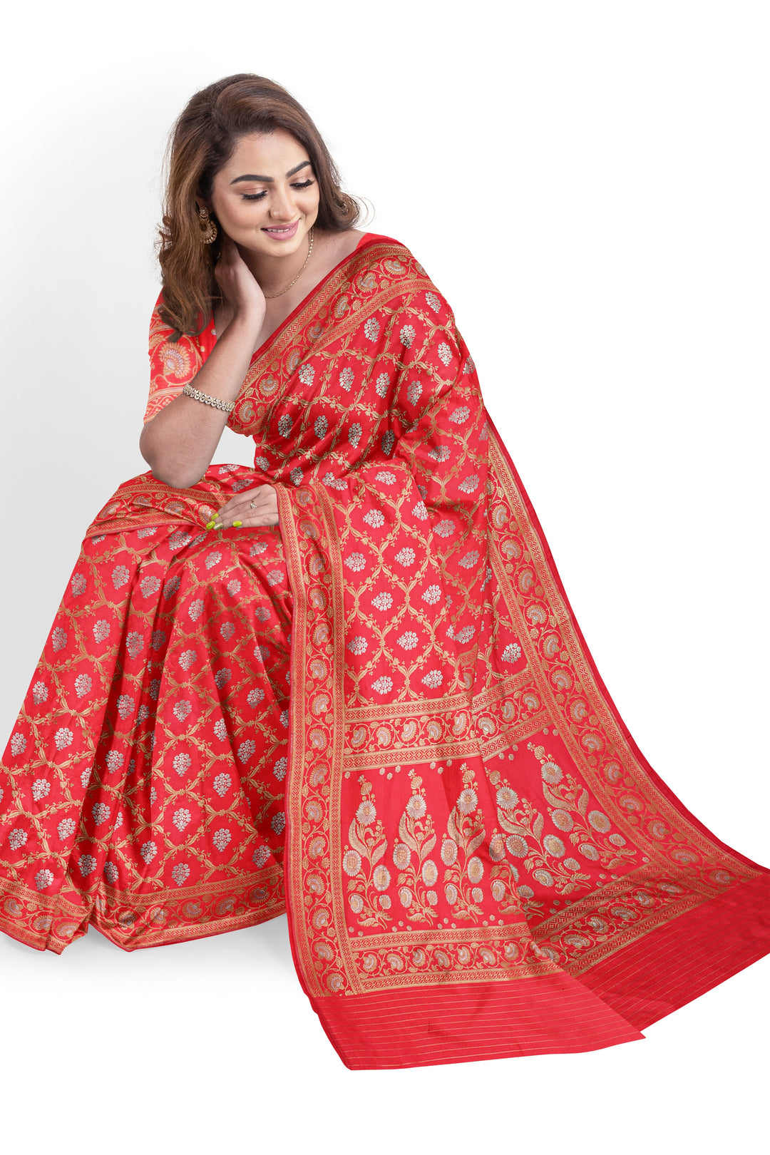 RED BANARASI BLENDED KATAN SILK WITH JAAL WORK HANDLOOM SAREE - ATHARVA