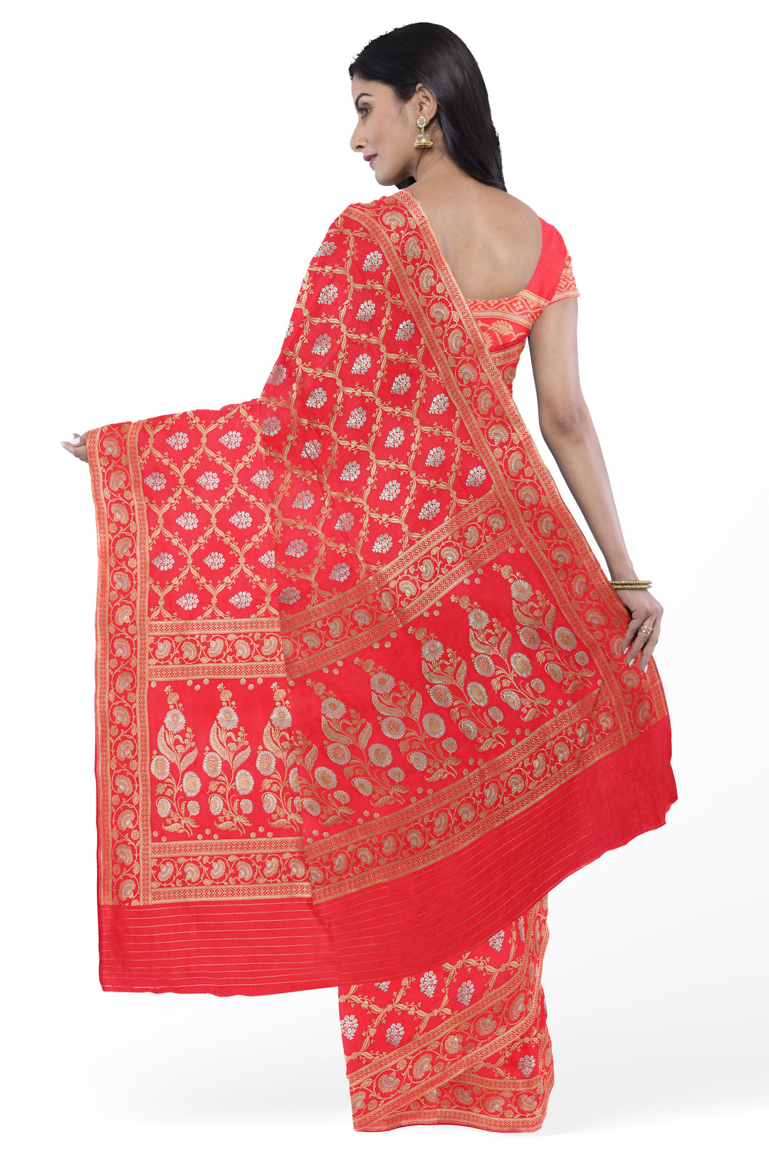 RED BANARASI BLENDED KATAN SILK WITH JAAL WORK HANDLOOM SAREE - ATHARVA