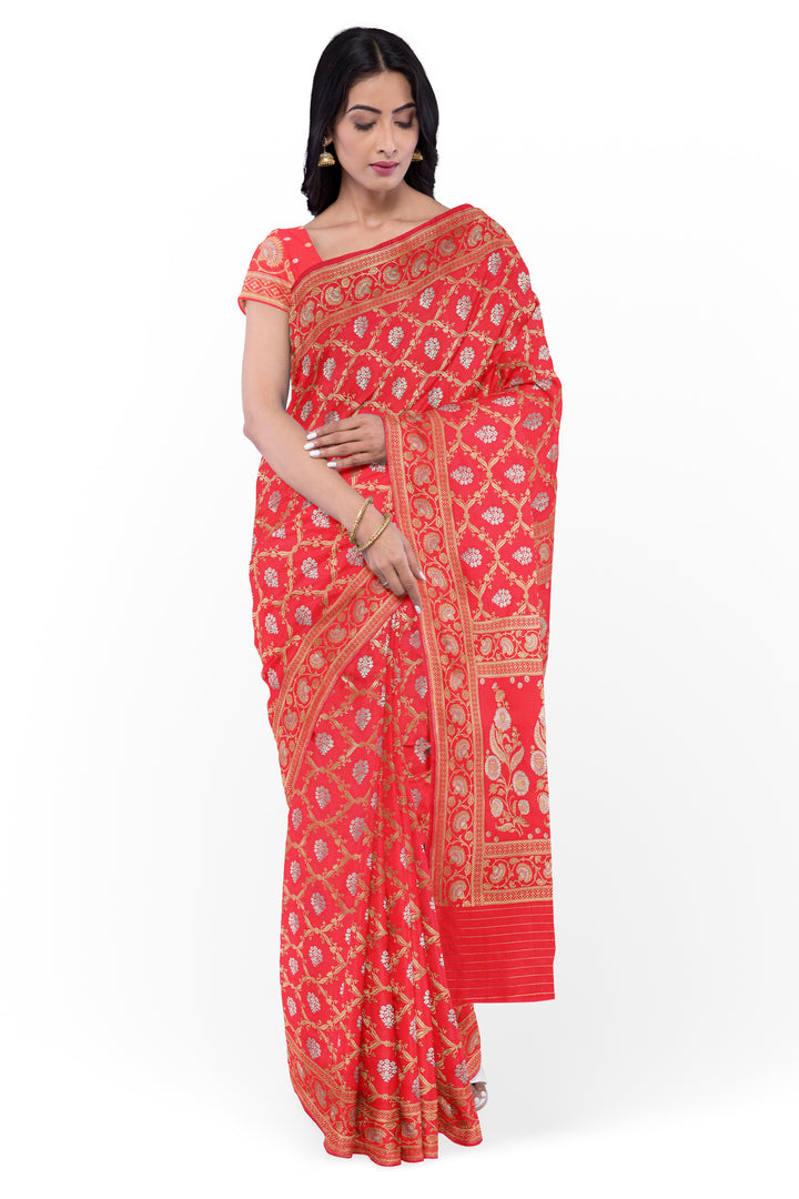 RED BANARASI BLENDED KATAN SILK WITH JAAL WORK HANDLOOM SAREE - ATHARVA