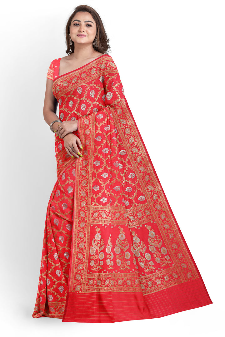 RED BANARASI BLENDED KATAN SILK WITH JAAL WORK HANDLOOM SAREE - ATHARVA