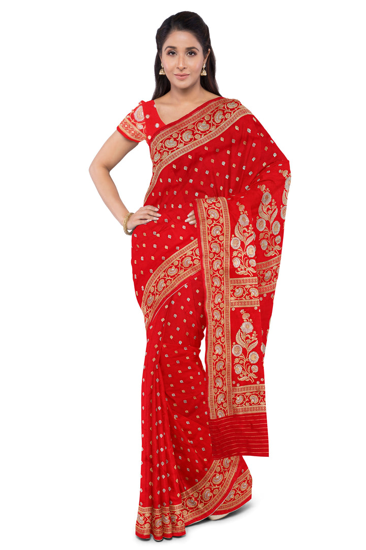 RED BANARASI BLENDED KATAN SILK BANARASI HANDLOOM SAREE - ATHARVA