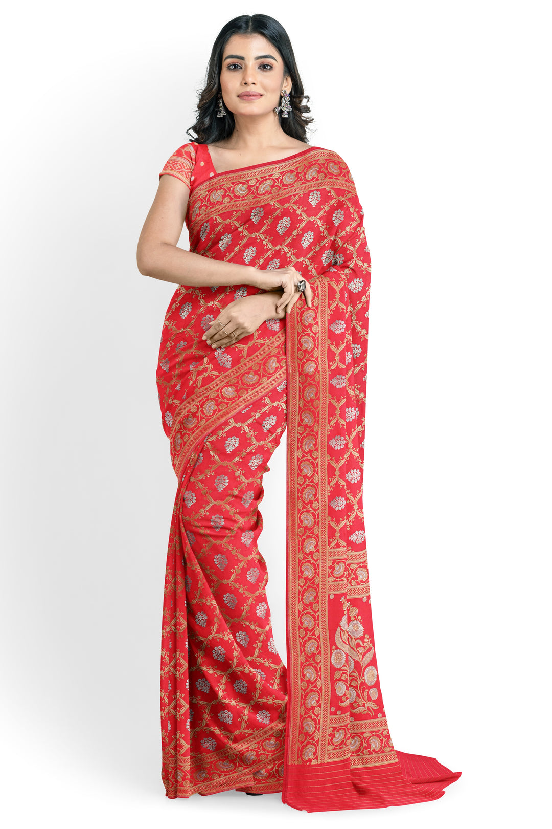 RED BANARASI BLENDED KATAN SILK WITH JAAL WORK HANDLOOM SAREE - ATHARVA