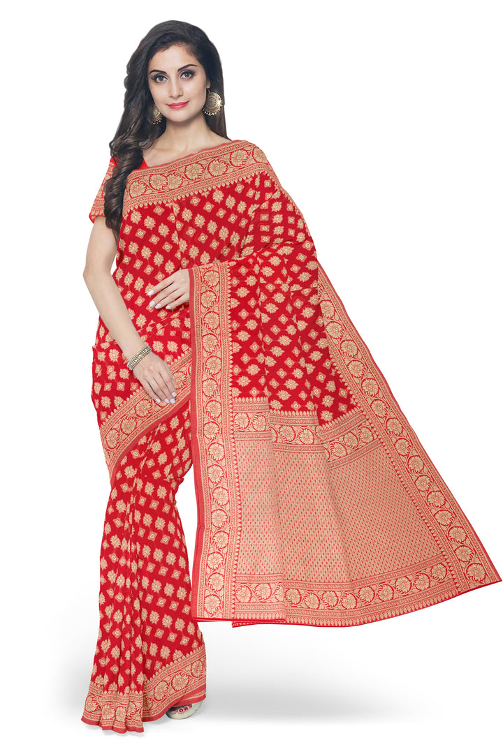 RED COLOUR BLENDED COTTON SADA BANARASI HANDLOOM SAREE - ATHARVA