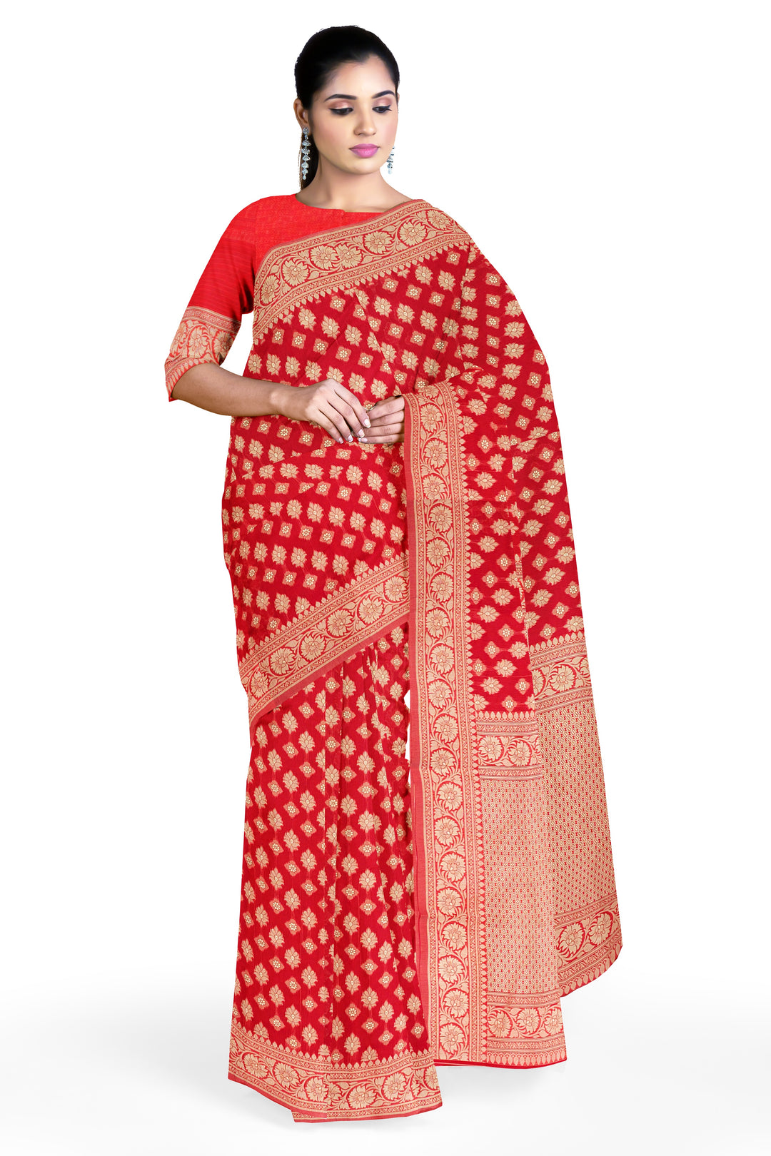 RED COLOUR BLENDED COTTON SADA BANARASI HANDLOOM SAREE - ATHARVA