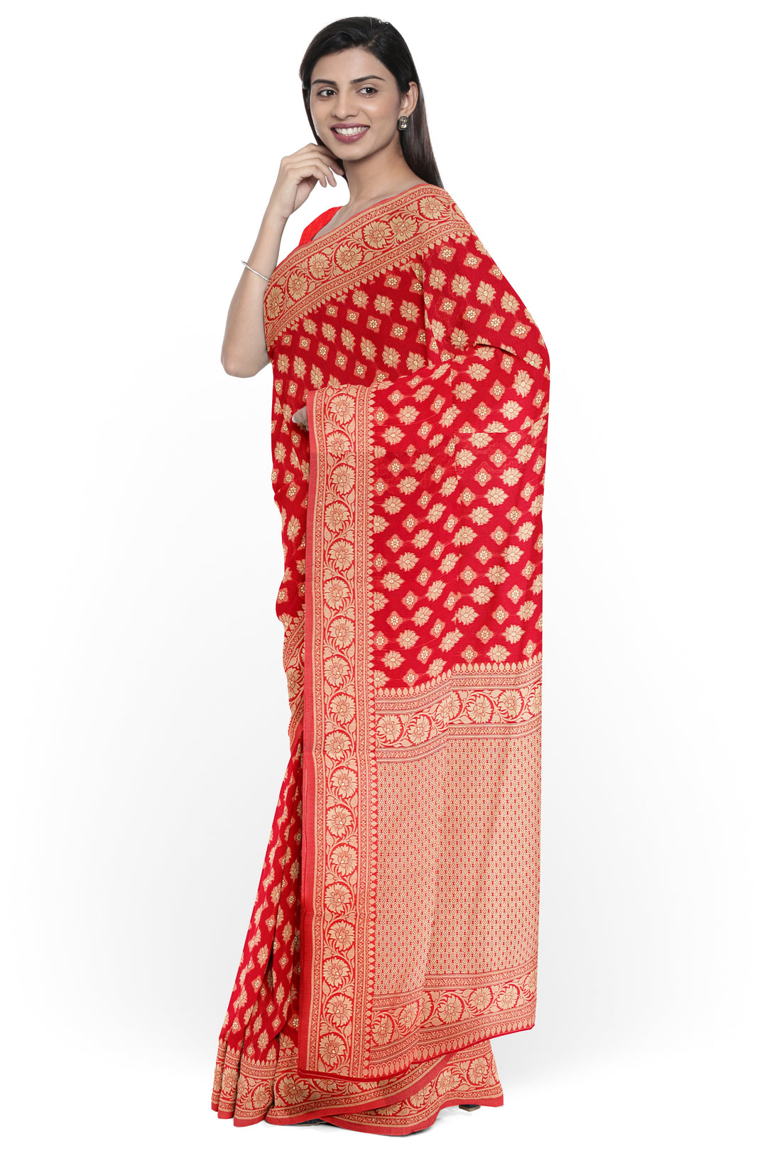 RED COLOUR BLENDED COTTON SADA BANARASI HANDLOOM SAREE - ATHARVA