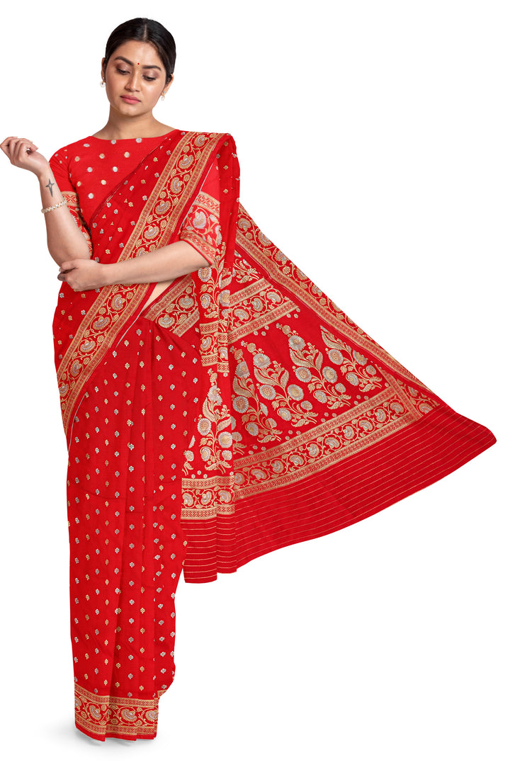 RED BANARASI BLENDED KATAN SILK BANARASI HANDLOOM SAREE - ATHARVA