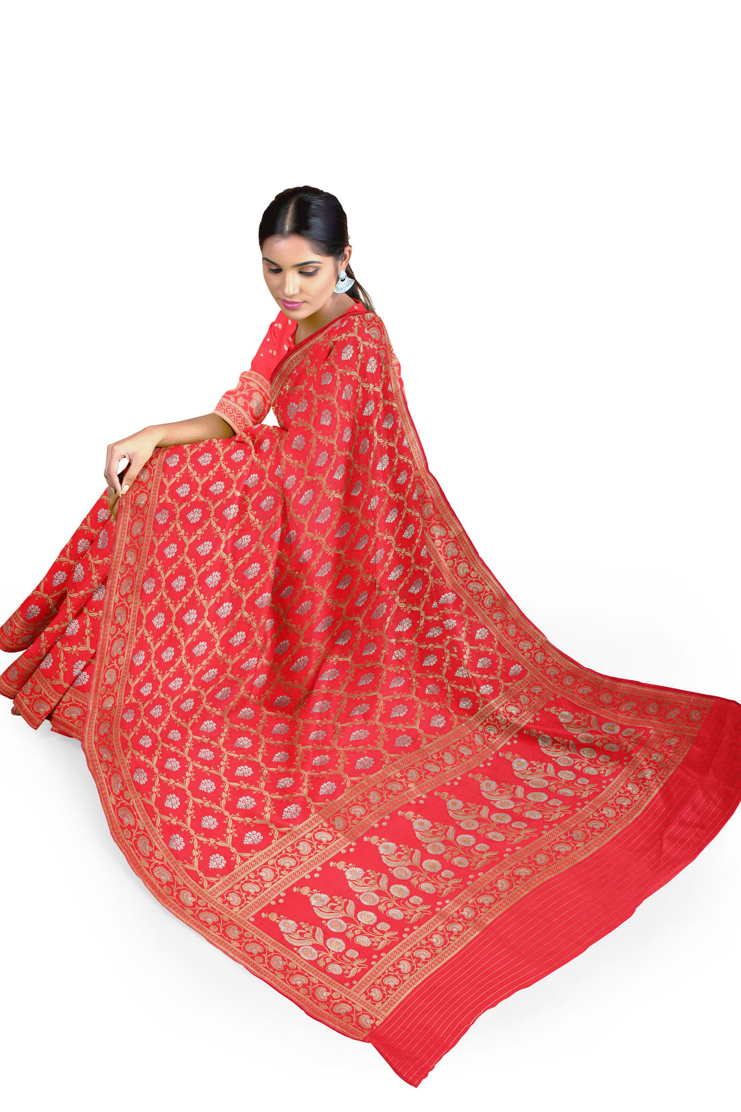 RED BANARASI BLENDED KATAN SILK WITH JAAL WORK HANDLOOM SAREE - ATHARVA