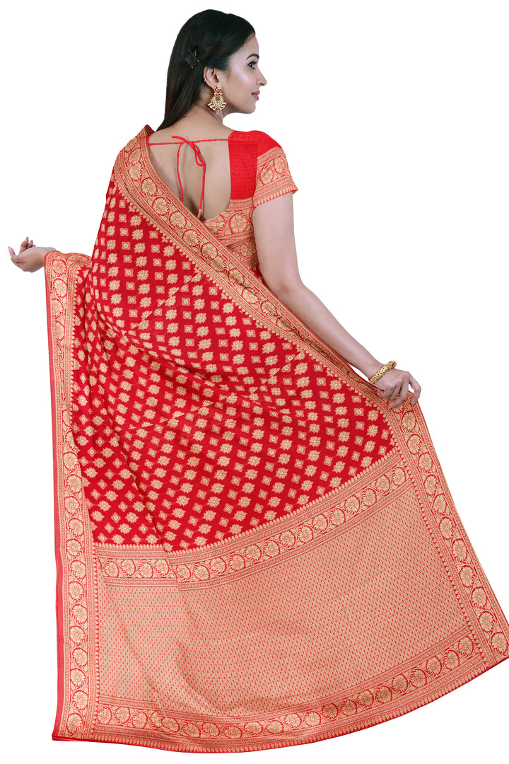 RED COLOUR BLENDED COTTON SADA BANARASI HANDLOOM SAREE - ATHARVA