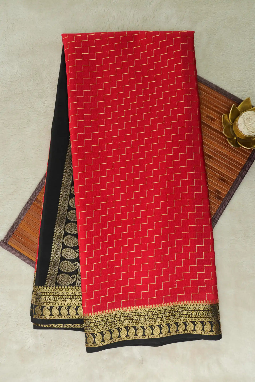 Red Gold Zari Mysore Silk Saree with black and gold border