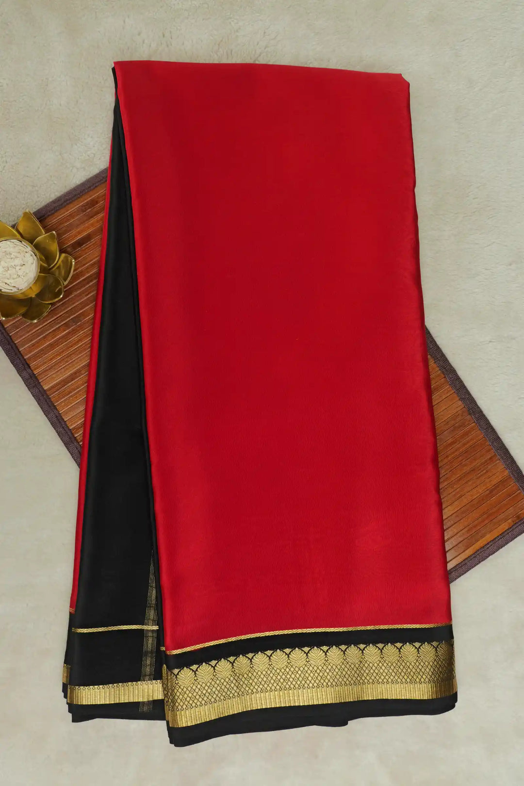 Red Mysore Silk Saree with Black Border and Gold Zari Lace