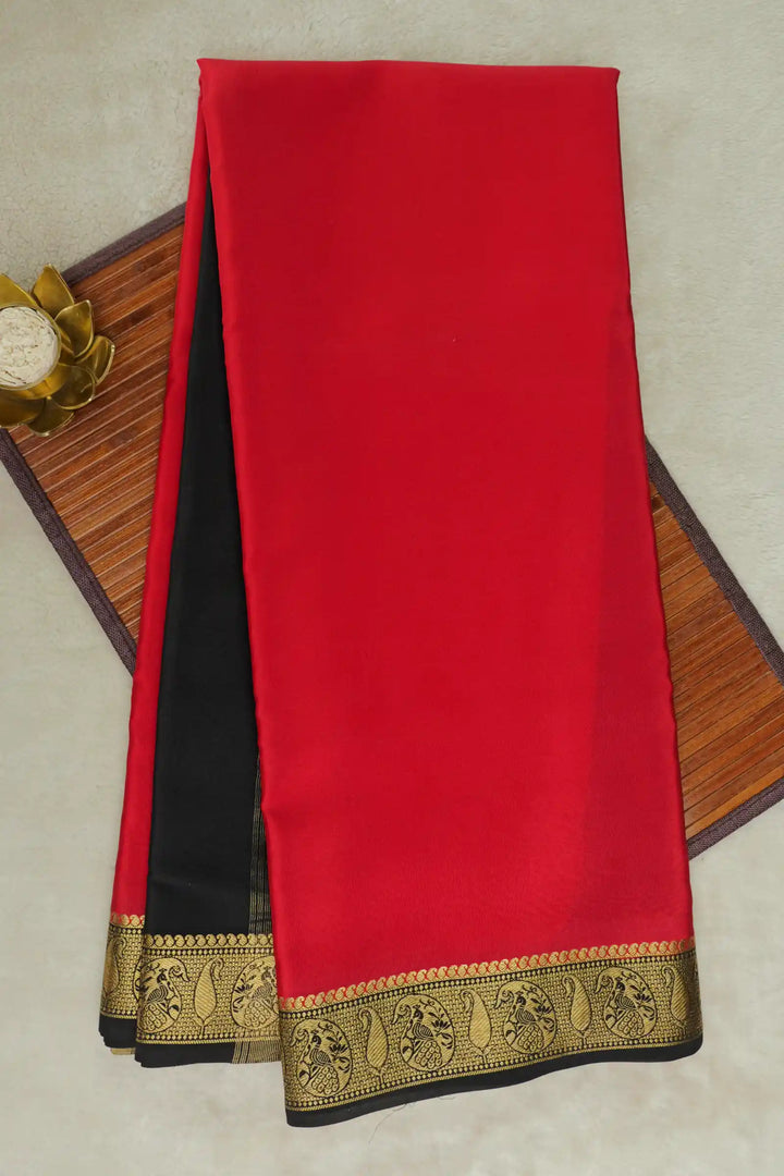 Red Mysore Silk Saree with Black Border and Gold patterns