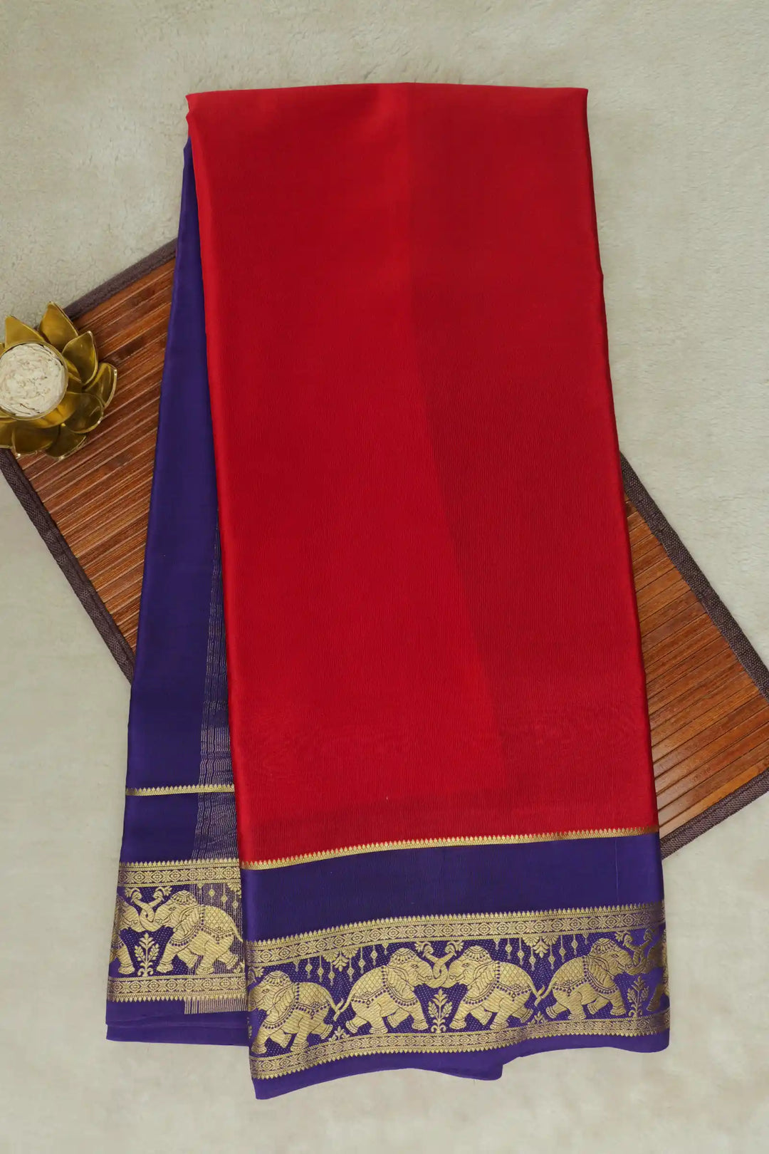 Red Mysore Silk Saree with Blue and Elephant Border