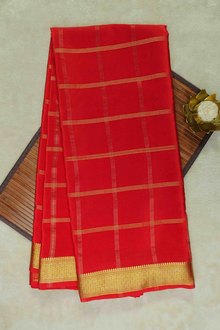 Red Mysore Silk Saree with Golden Zari Border and Striped Design