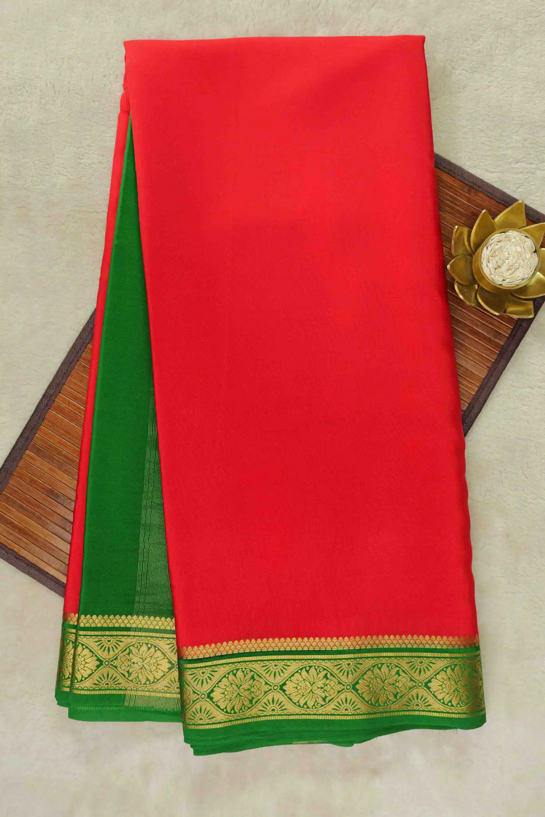 Red Mysore Silk Saree with Green Border and Gold Zari Design