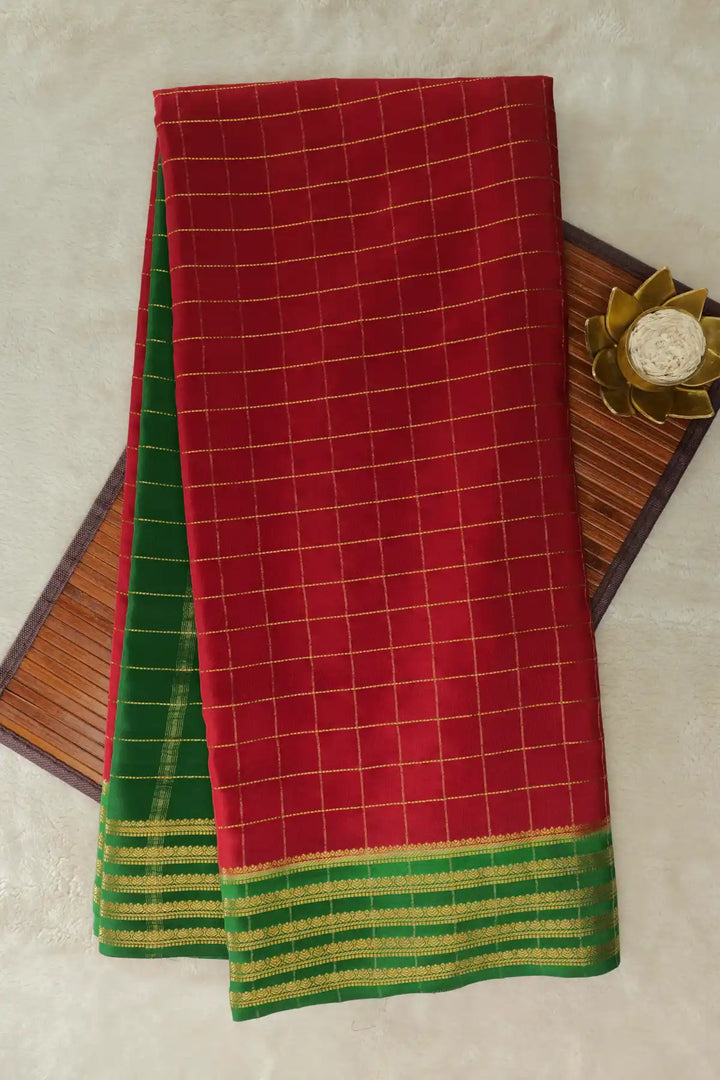 Red Mysore Silk Saree with Green Gold Border