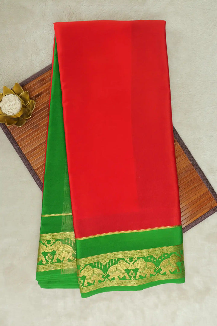 Red Mysore Silk Saree with Green and Elephant Border