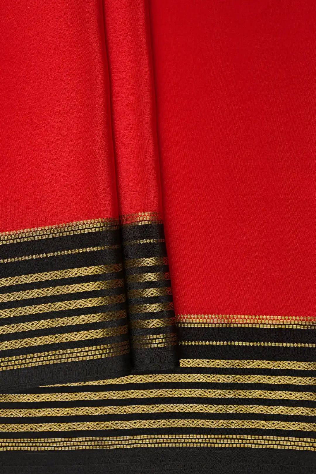 Red Mysore Silk Saree with black striped border and blouse
