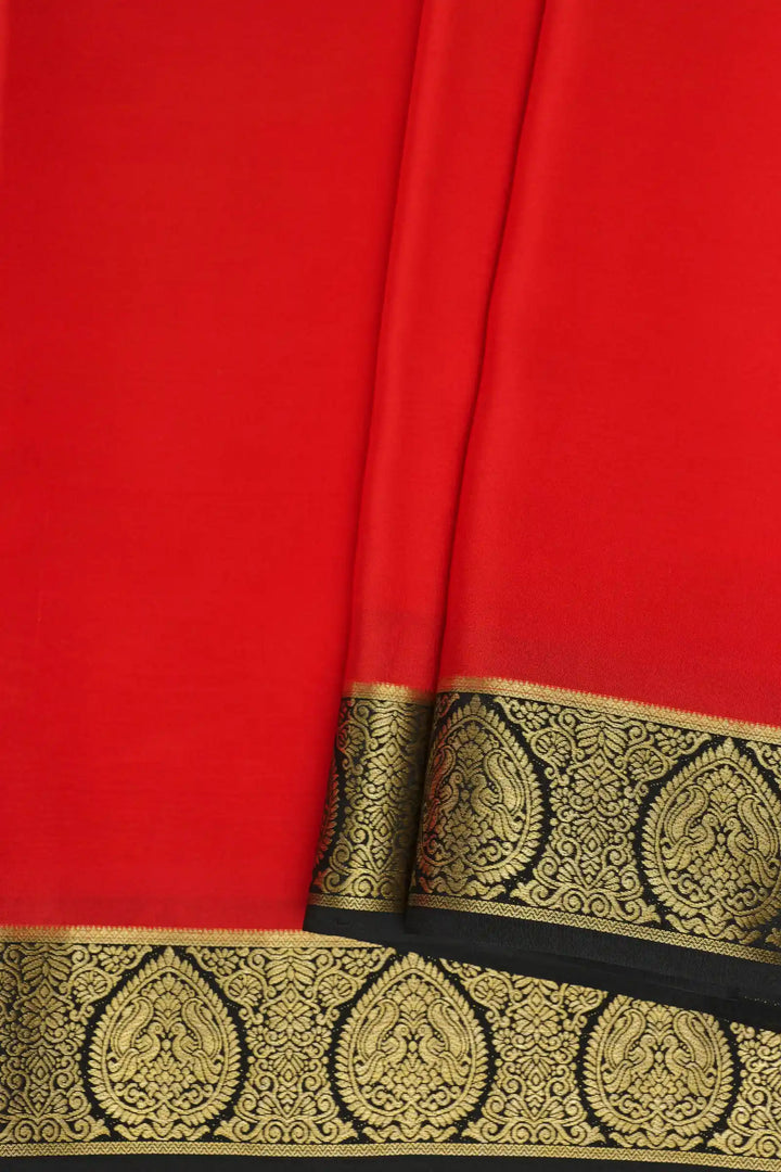 Red Mysore Silk Saree with contrast black and gold border