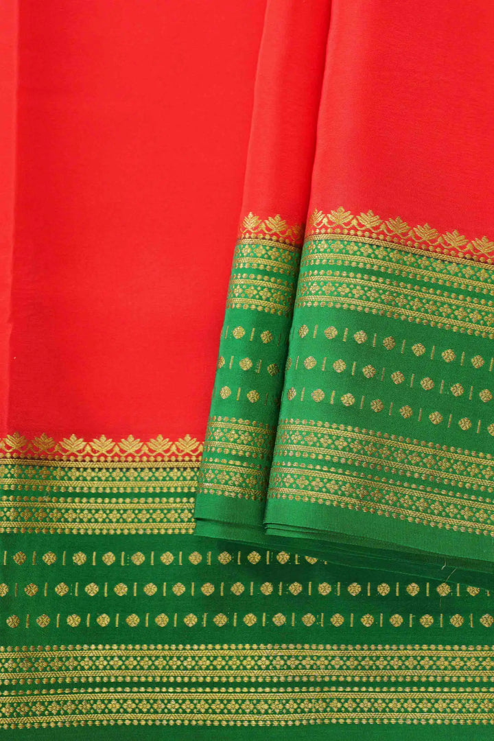 Red Mysore Silk Saree with green and gold border