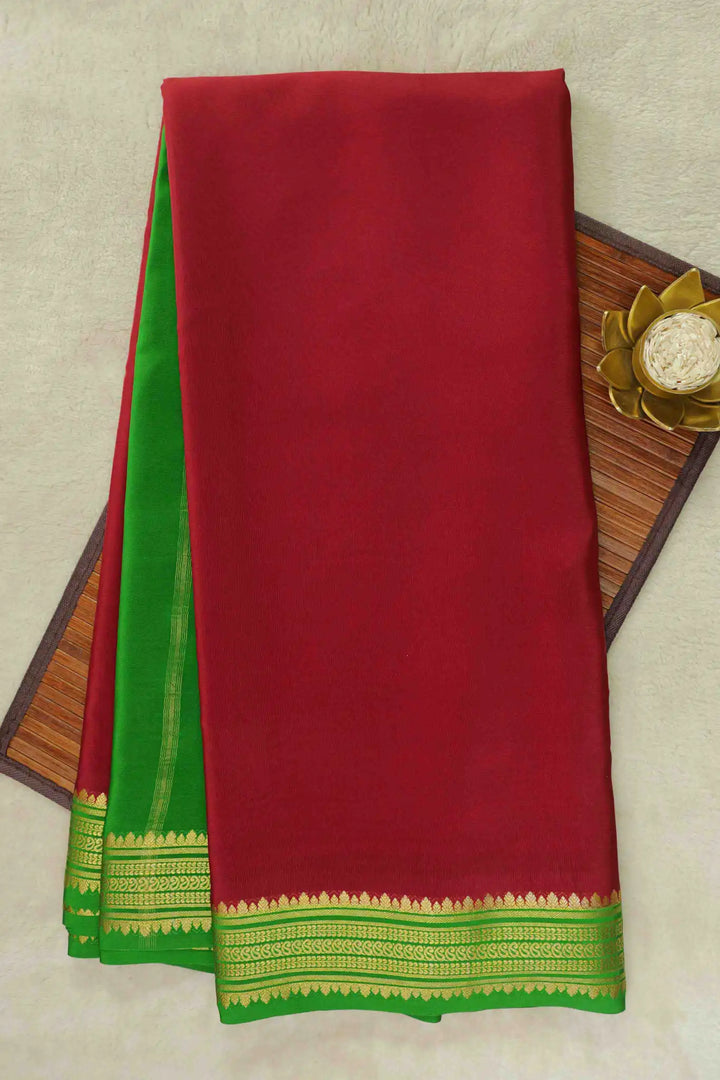 Red Mysore Silk Saree with green pallu and gold woven border