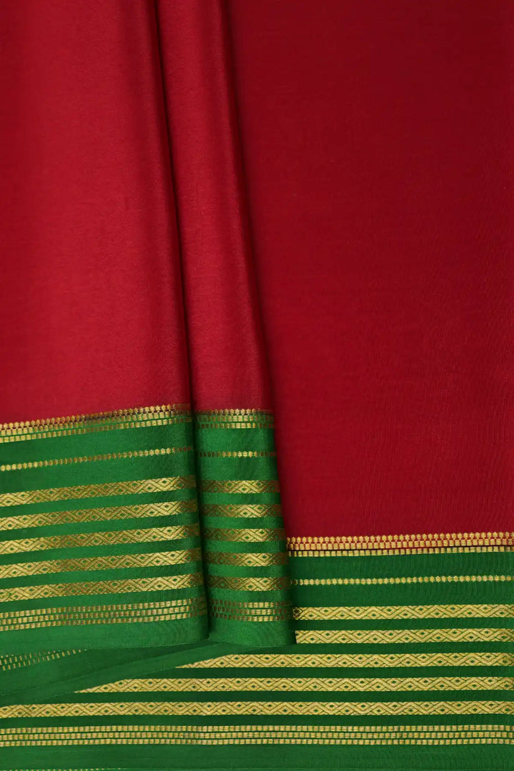 Red Mysore silk saree with green border and gold zari