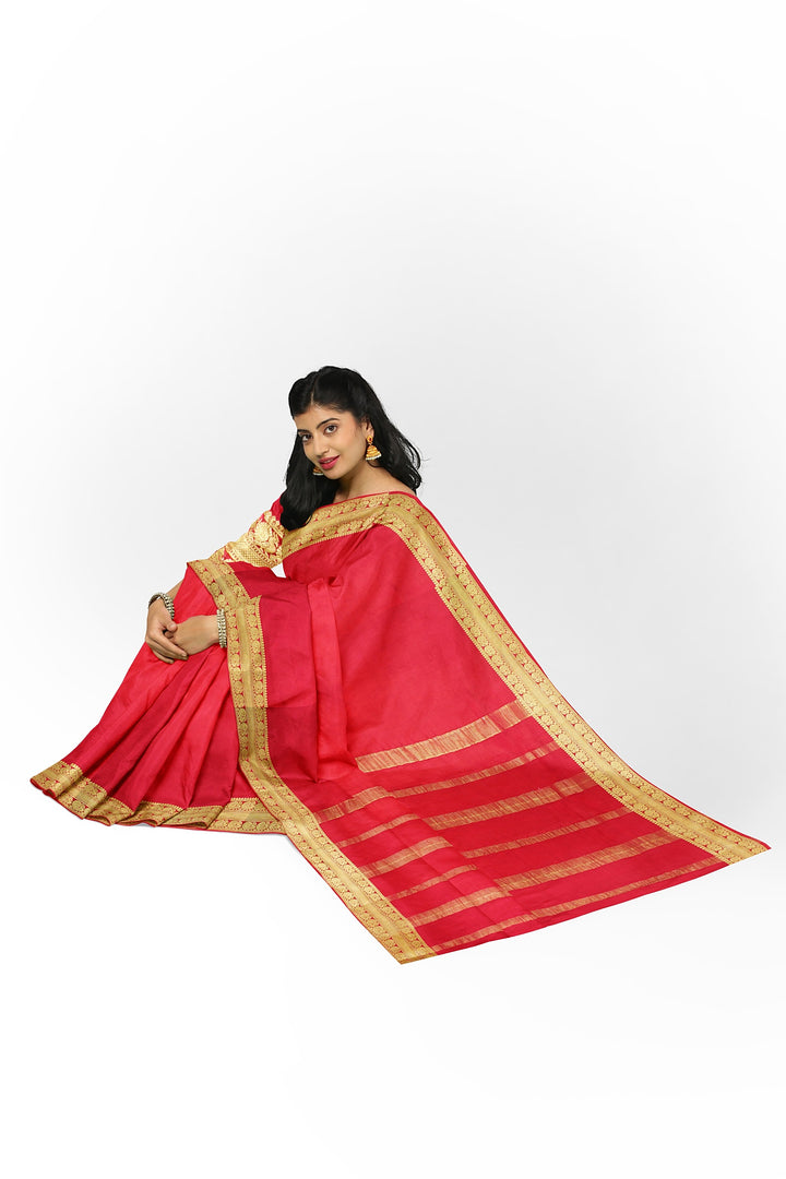 Red Colour Pure Mysore Crepe Silk Saree with double peacock border | SILK MARK CERTIFIED