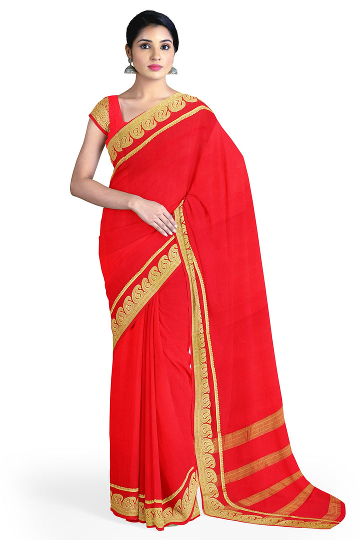 Red Pure Mysore Crepe Silk Saree | SILK MARK CERTIFIED