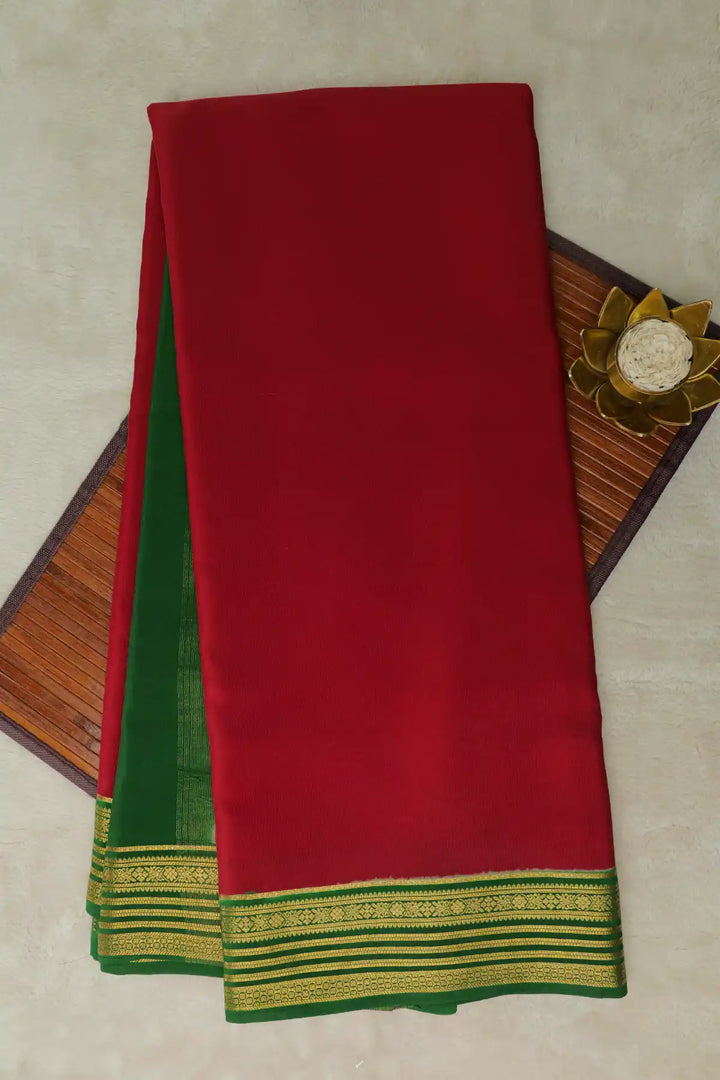 Red Pure Mysore Silk Saree with Green Gold Border