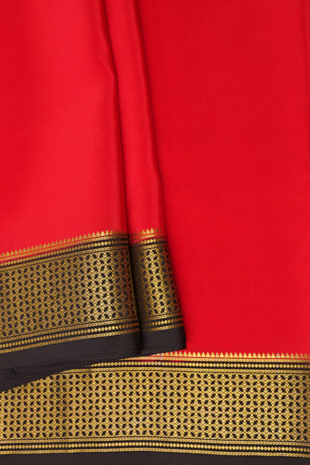 Red and black Mysore Crepe silk saree with gold border