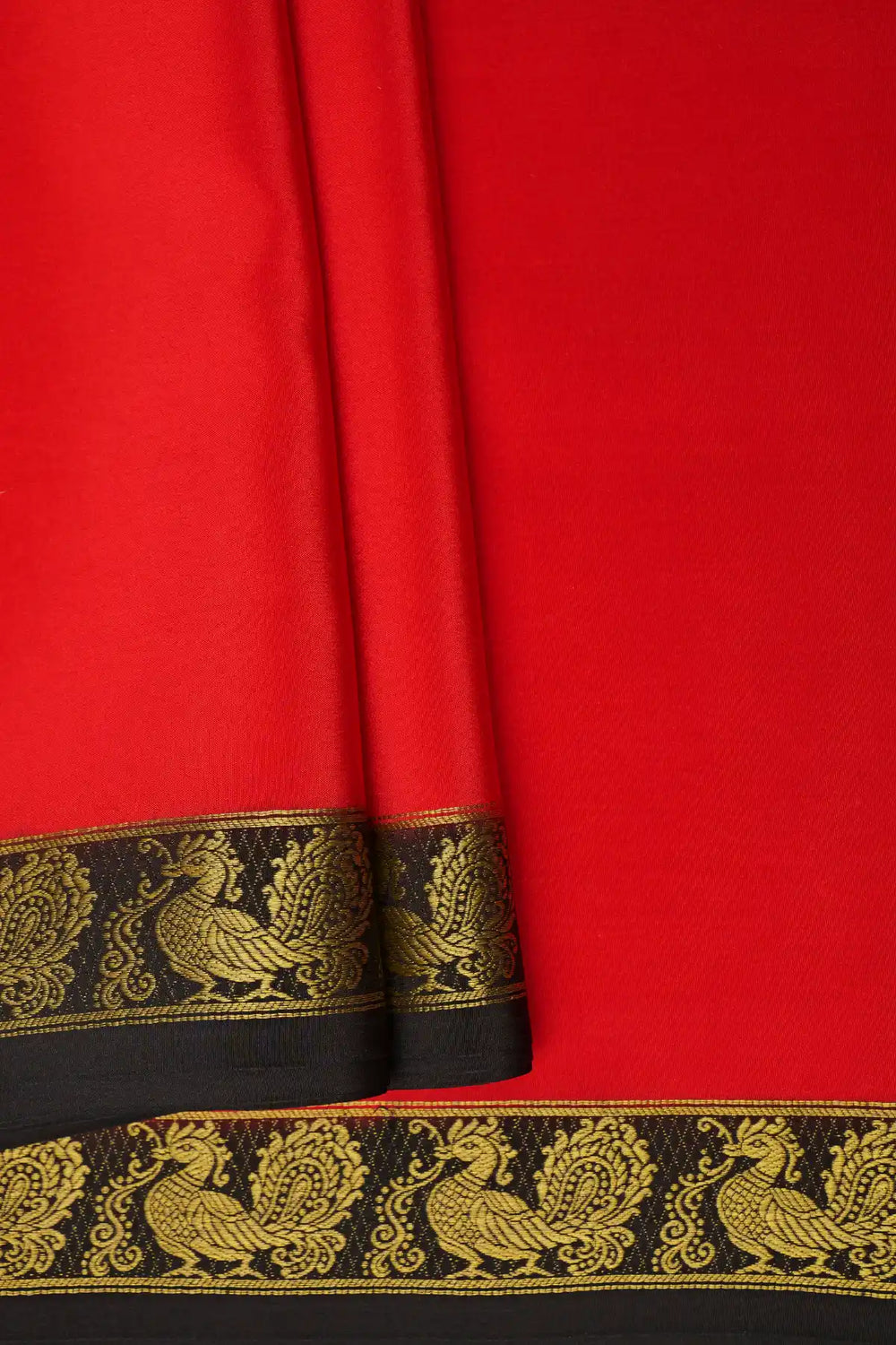 Red color party wear mysore silk sarees with peacock border