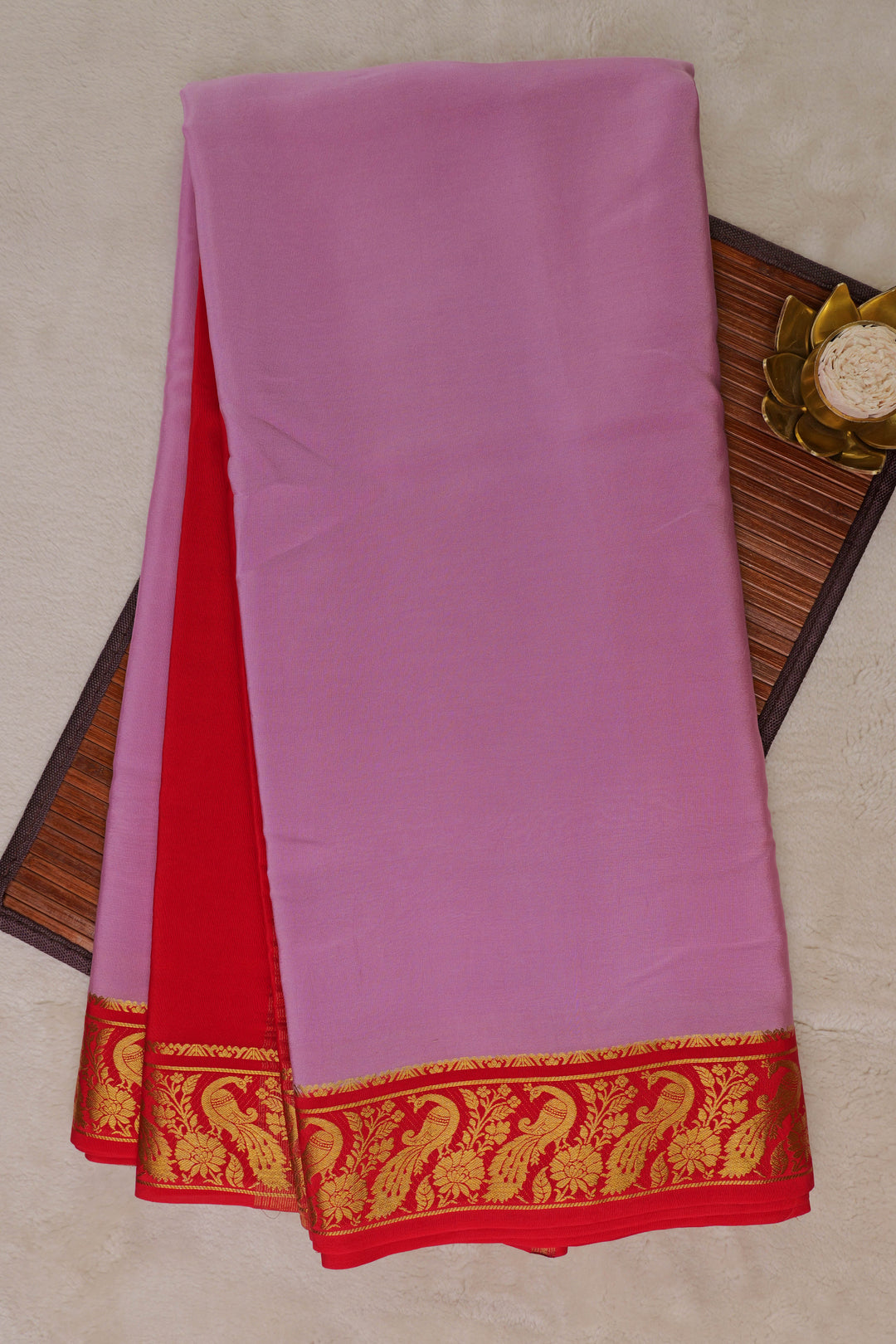 Red peacock bordered pink Mysore silk saree