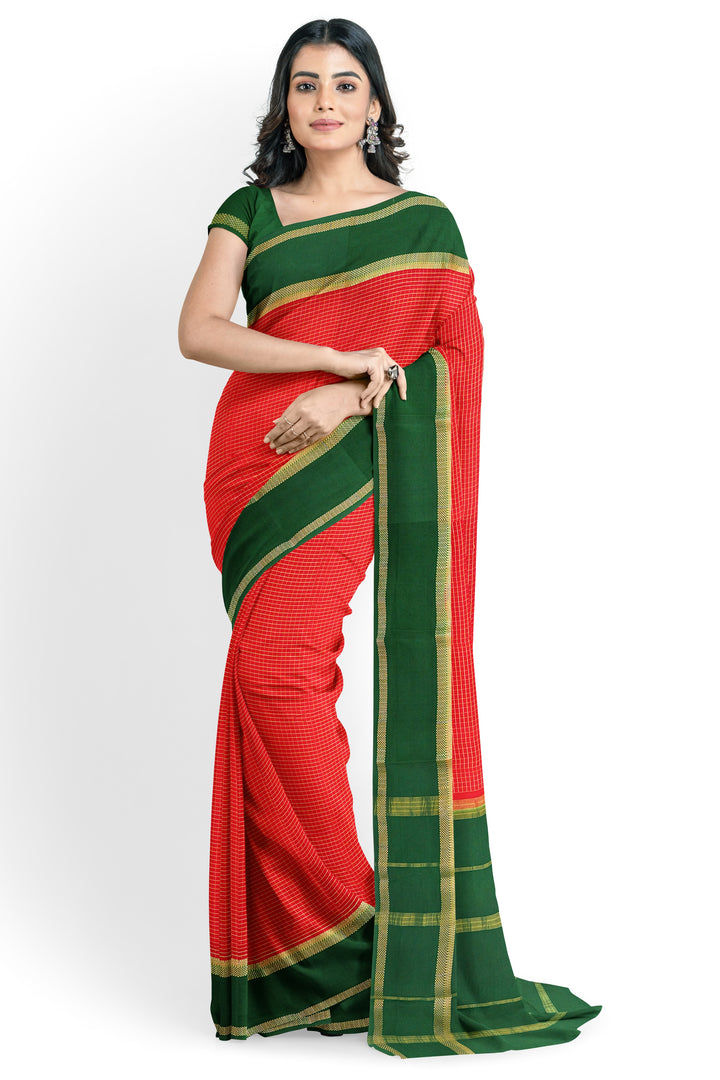 Red Checks Pure Mysore Crepe Silk Saree | SILK MARK CERTIFIED