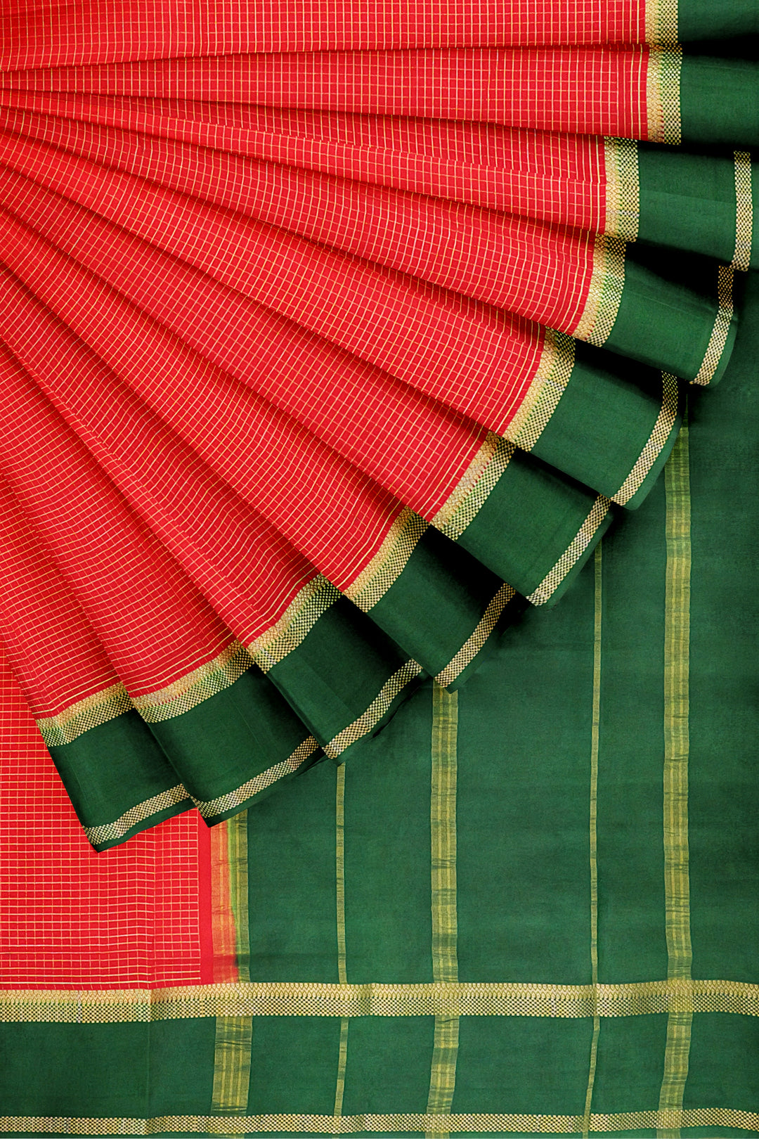 Red Checks Pure Mysore Crepe Silk Saree | SILK MARK CERTIFIED