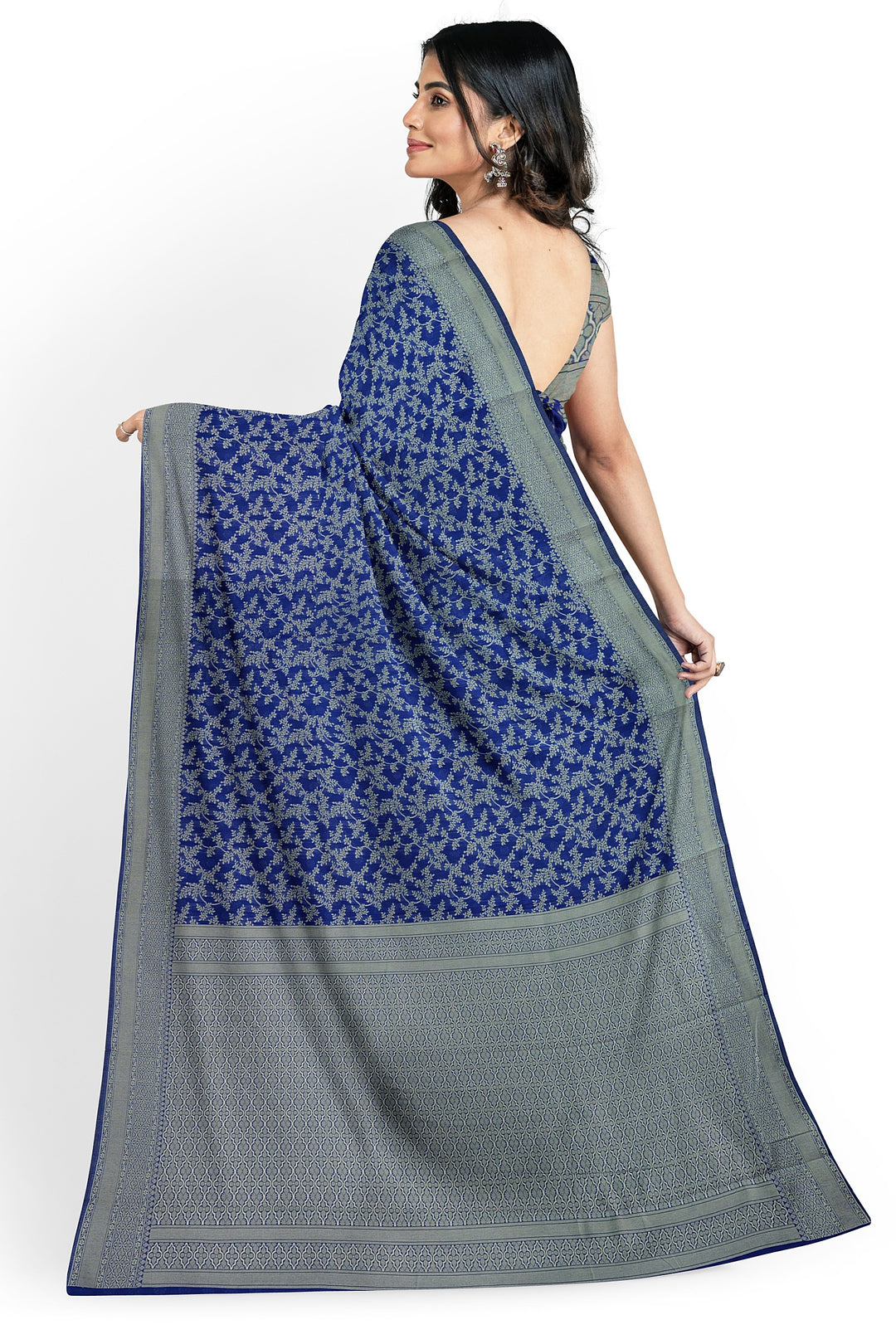 INK BLUE COLOUR BLENDED COTTON SADA BANARASI HANDLOOM SAREE