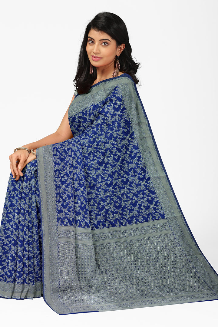 INK BLUE COLOUR BLENDED COTTON SADA BANARASI HANDLOOM SAREE