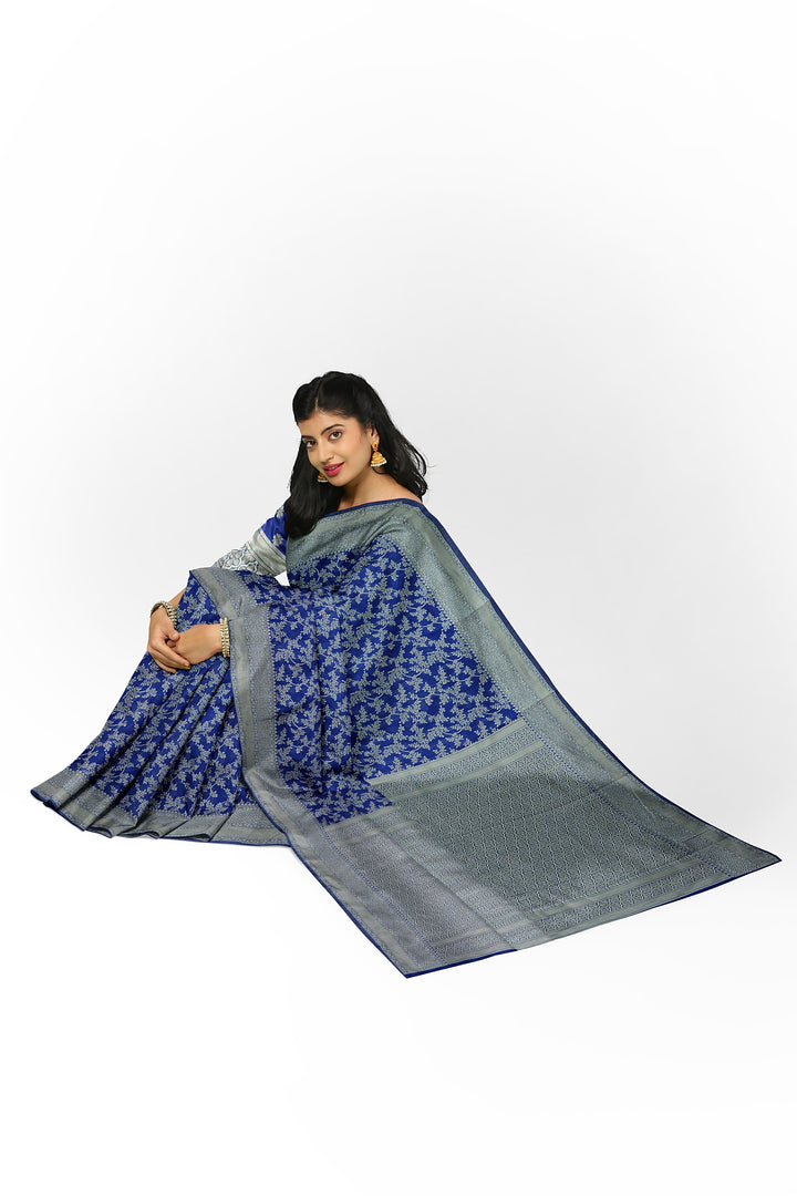 INK BLUE COLOUR BLENDED COTTON SADA BANARASI HANDLOOM SAREE