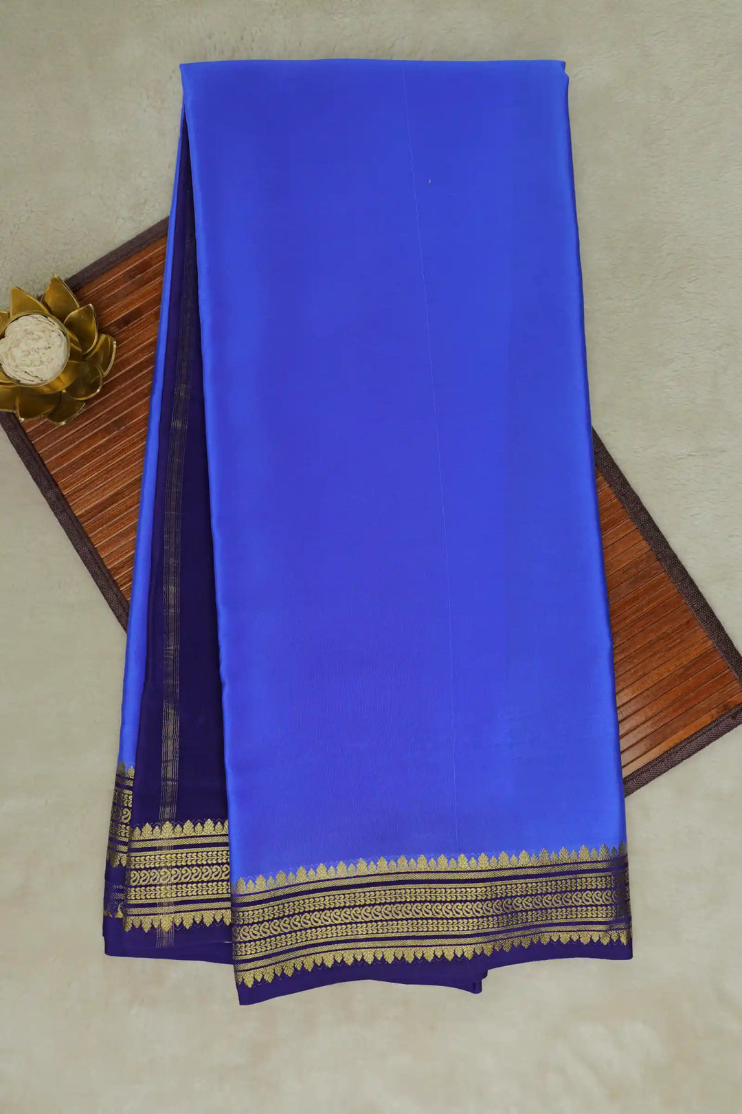 Royal Blue Mysore Silk Saree with Purple Border and Gold Zari